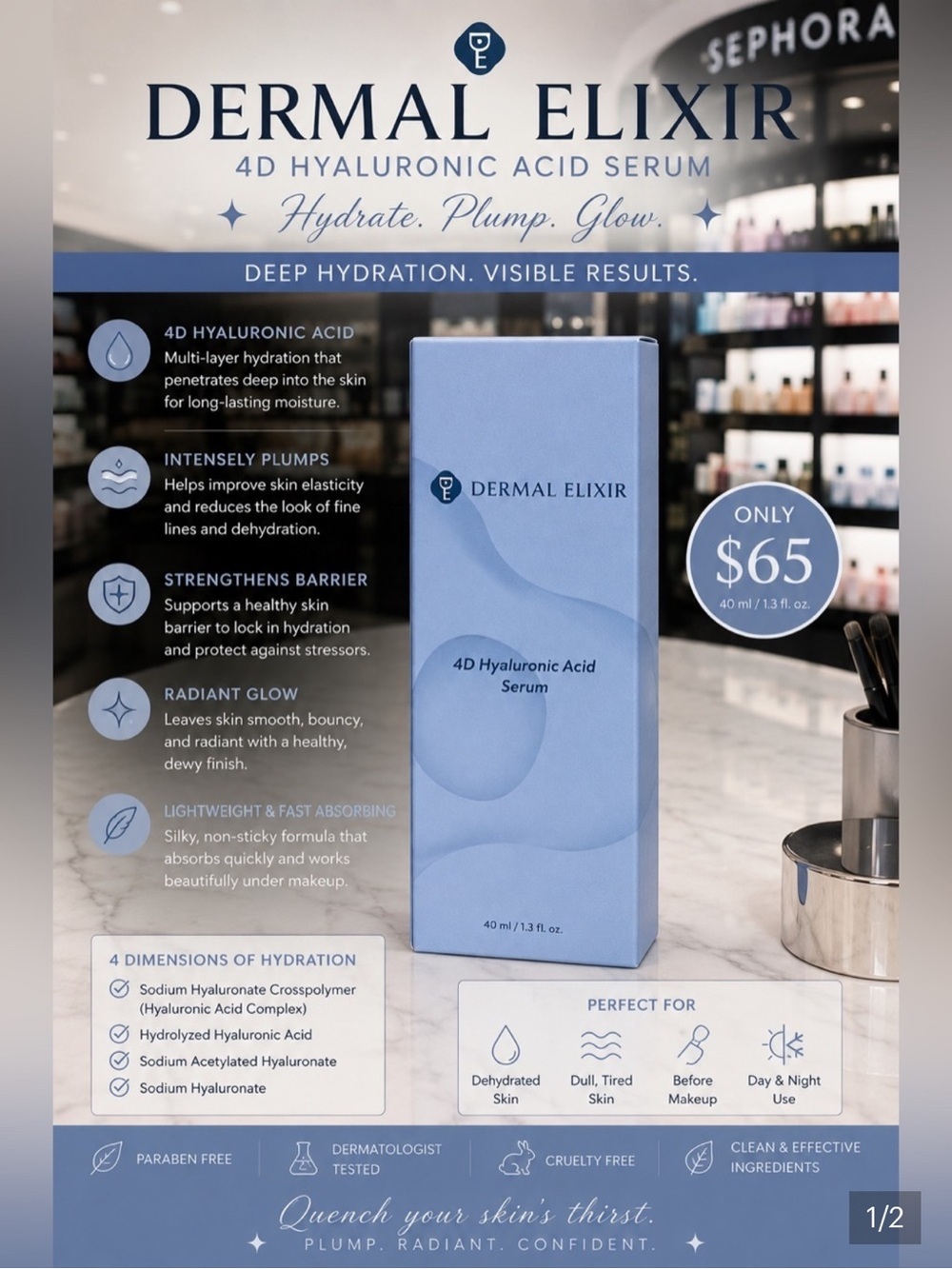 Dermal Elixir 4D Hyaluronic Acid Serum NIB Retail $65